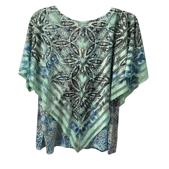 One World blouse Sz 2X Blue & Green Printed Top with overlay part blouse. NWT - Picture 11 of 11